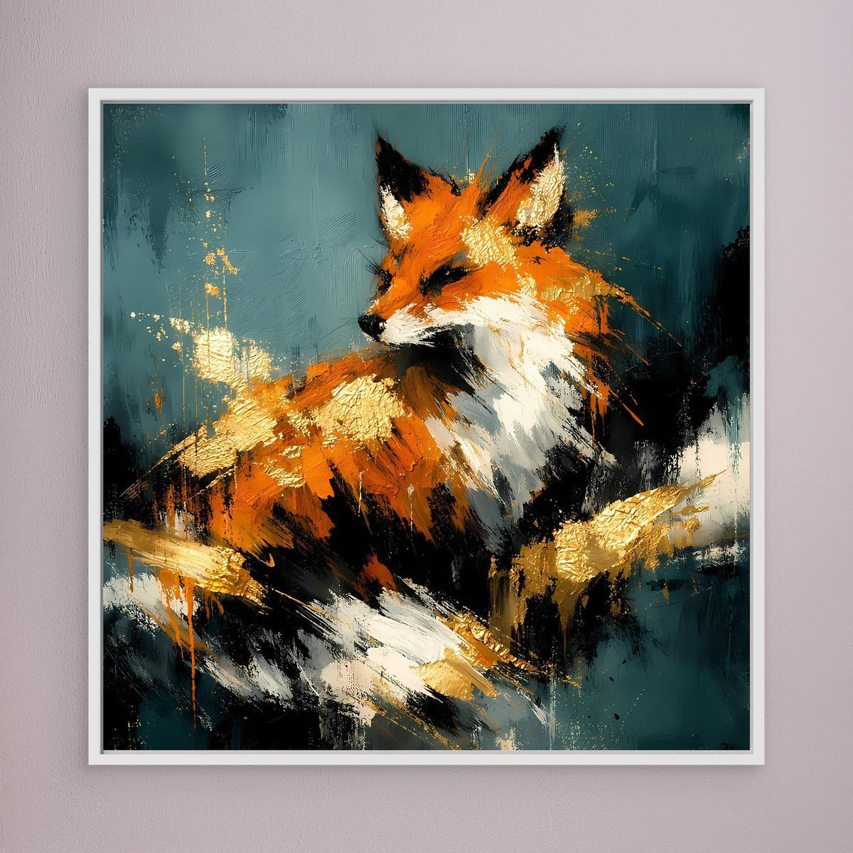 Leinwandbild mit abstraktem Fuchs in Orange, Weiß und Gold, türkis, weißer Einfassung