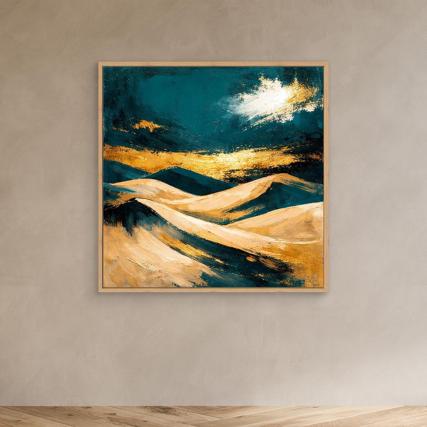 Gerahmtes Leinwand-Wandbild mit Dünen, Petrol, Beige und Gold, Naturholzrahmen