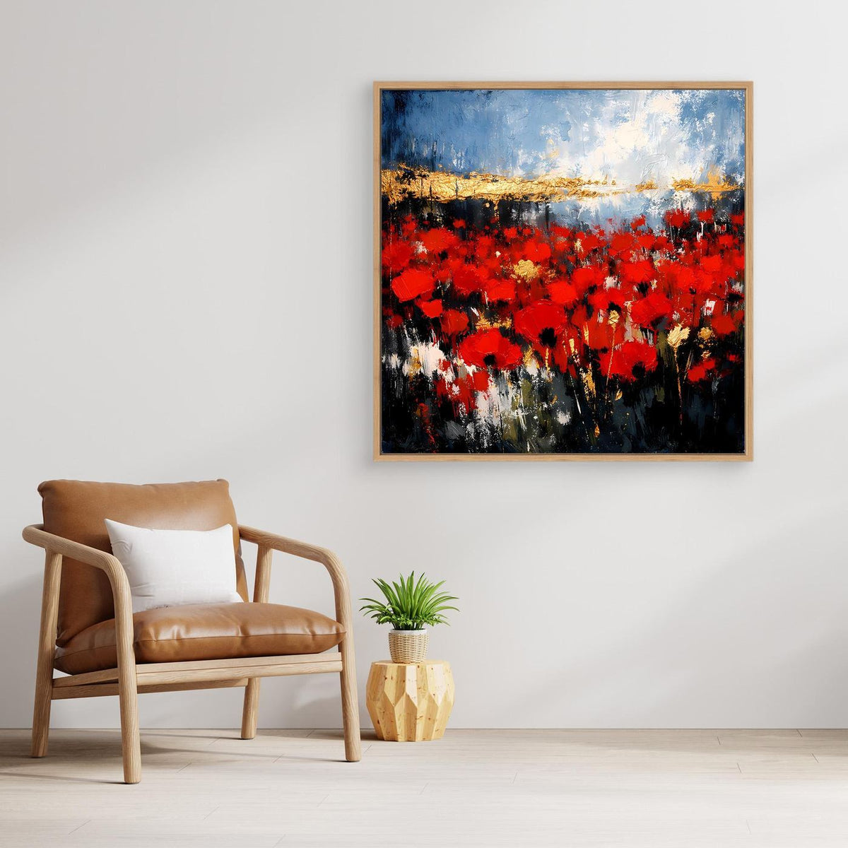 Wandbild mit Holzrahmen: rotes Blütenfeld, blaue Wolken und goldene Horizontlinie