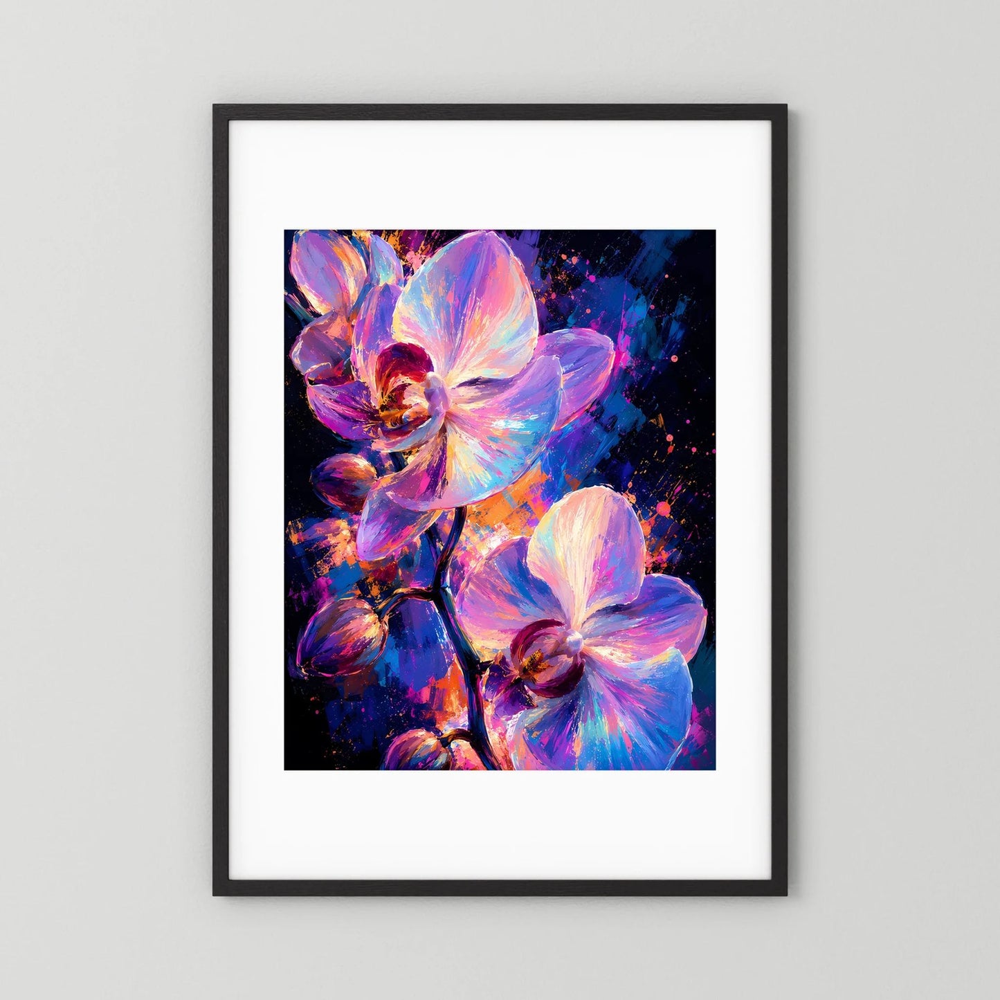 Gerahmtes Hochformat-Poster mit schwarzem Rahmen und Orchideen in Pink, Violett und Blau