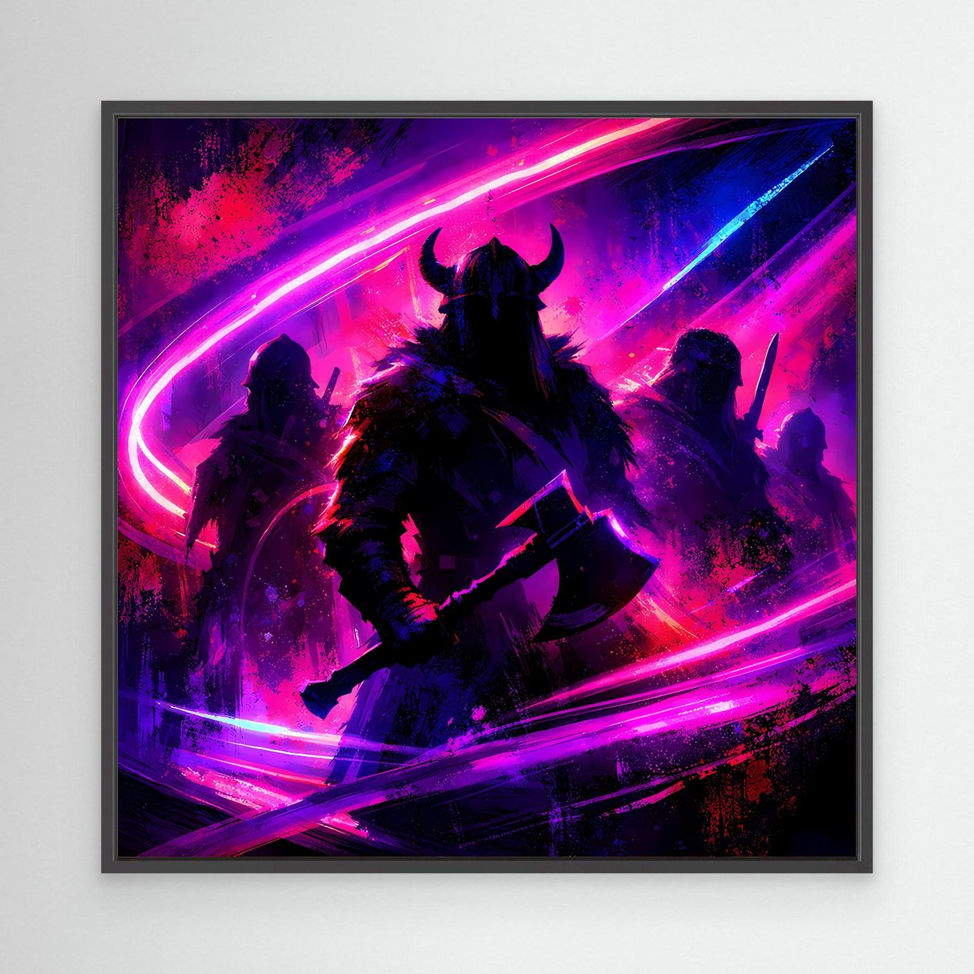 Neon-Wandbild mit Wikingerkriegern in Pink/Lila/Blau, abstrakte Silhouetten, schwarzer Rahmen