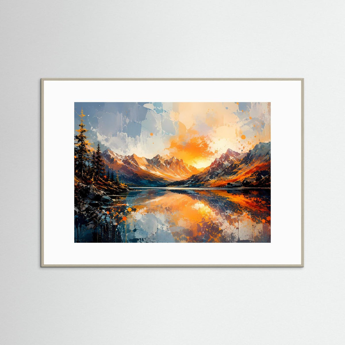 Gerahmtes Kunstdruckbild im grauen Rahmen: Berglandschaft mit Bergsee, orange und blau
