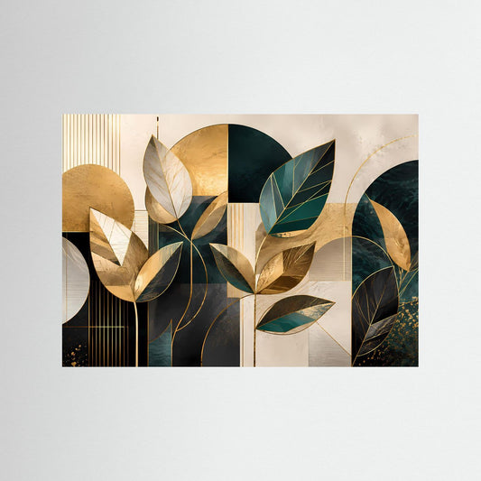 Leinenposter mit abstrakten Blattformen in Gold, Grün und Beige, geometrisch, ohne Rahmen