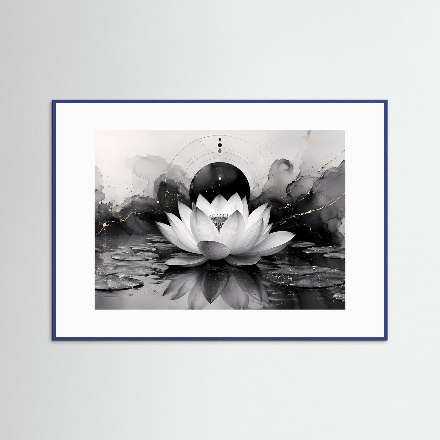 Weiße Lotusblüte in Schwarz & Gold | Elegante Zen Kunst