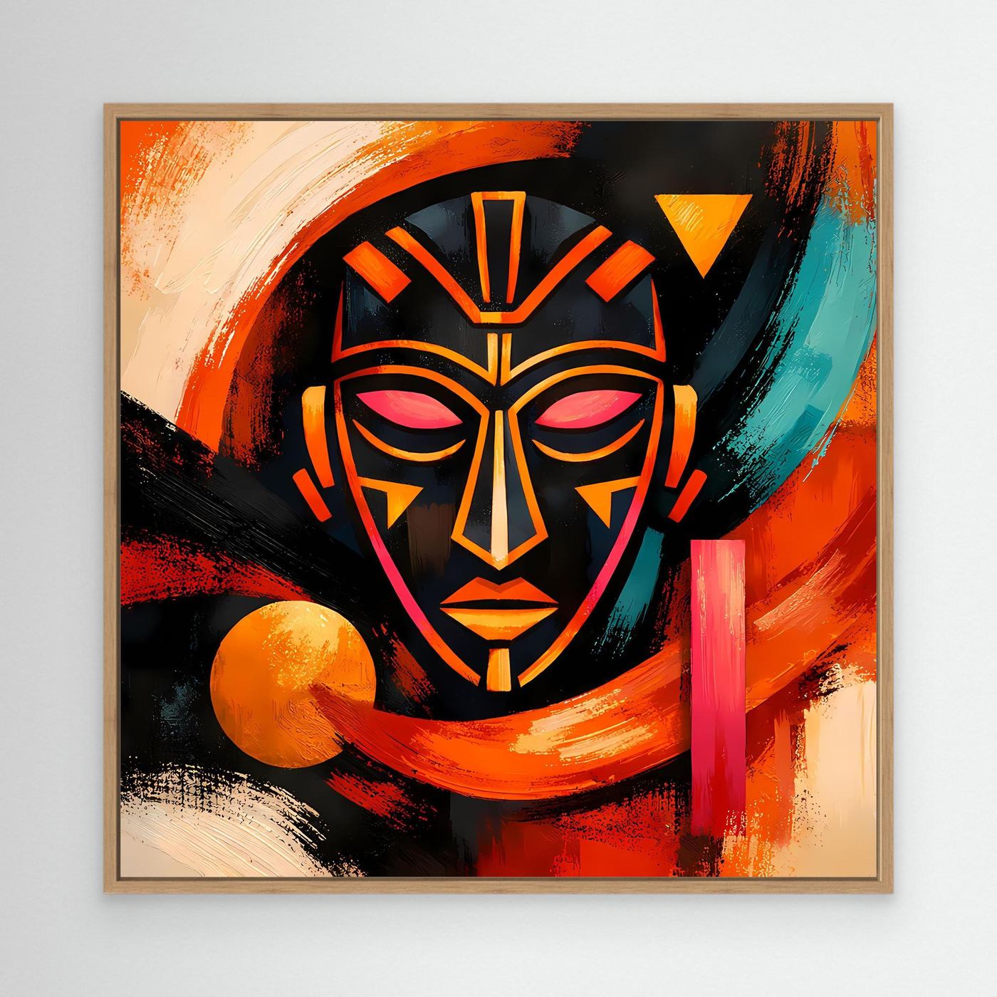 Leinwandbild mit abstrakter Maske, schwarzer Rahmen, Orange- und Türkisakzente