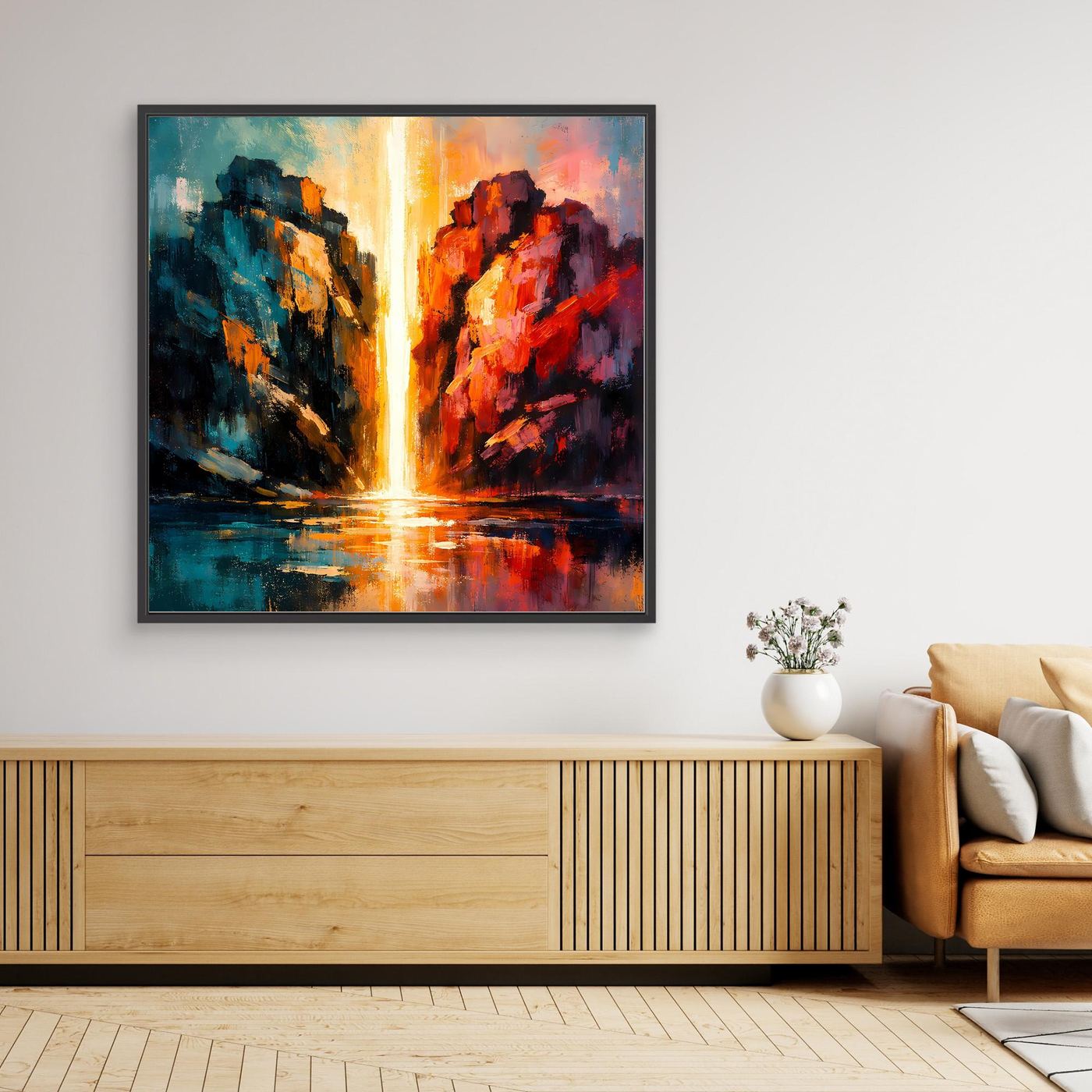 Premium Leinwand Magischer Lichtwasserfall im Canyon | Abstraktes Natur Wandbild farbenfroh