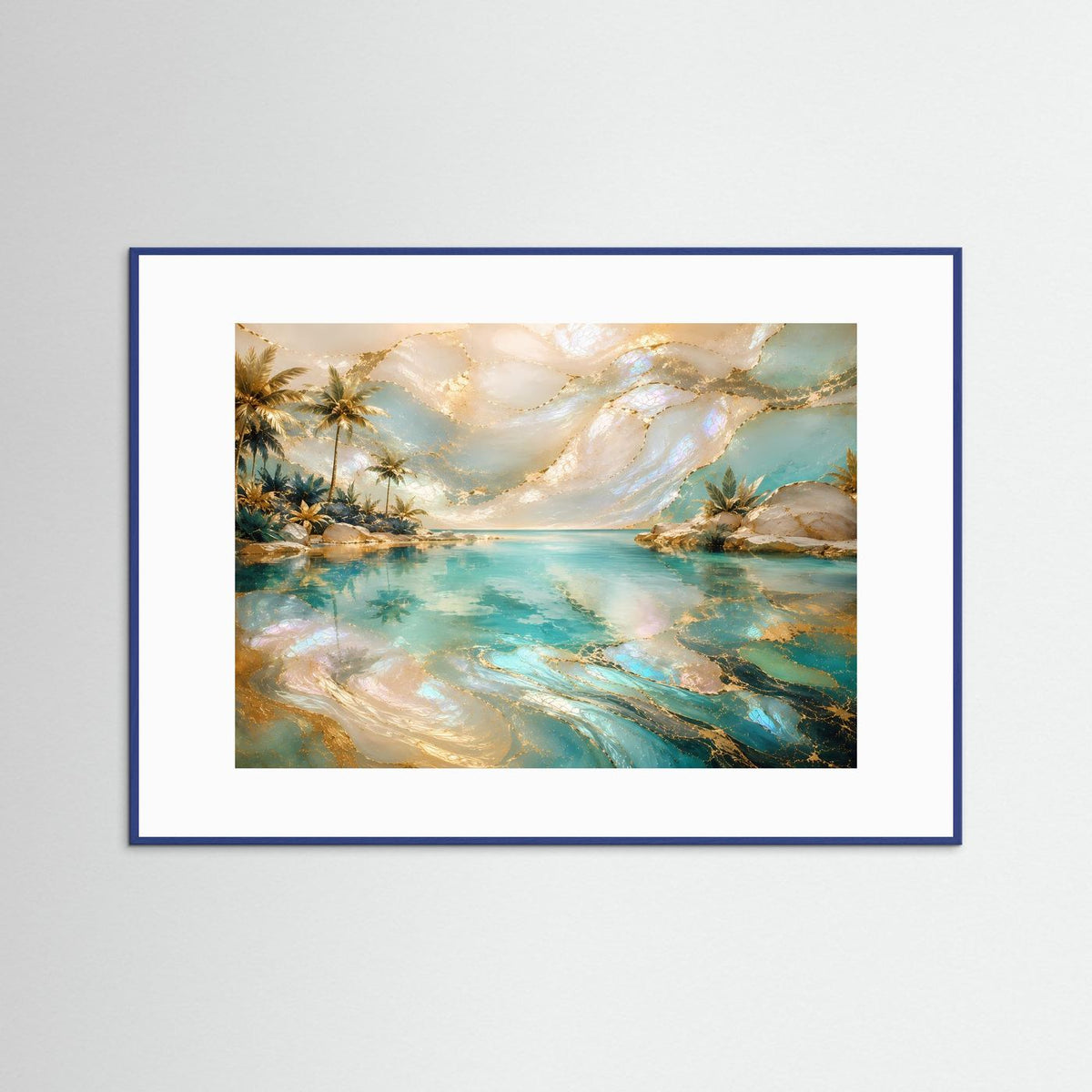 Gerahmtes Tropen-Lagunenposter mit türkisfarbenem Wasser, Palmen und goldenen Wellen
