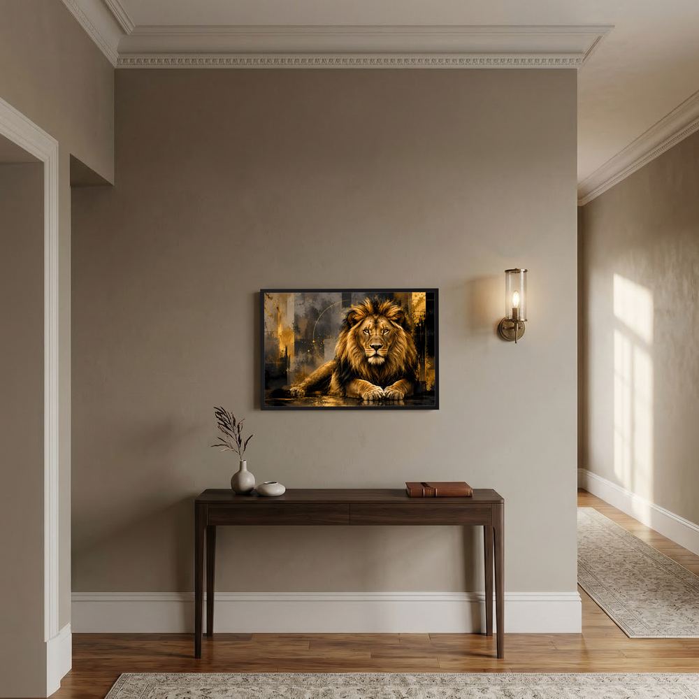 Querformat-Poster mit abstraktem Löwenkopf in Schwarz und Gold, gerahmt