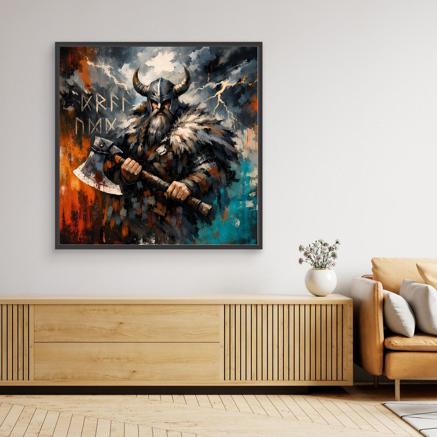 Gerahmtes Leinwand-Wandbild mit Wikingerkrieger und Streitaxt, schwarzer Rahmen