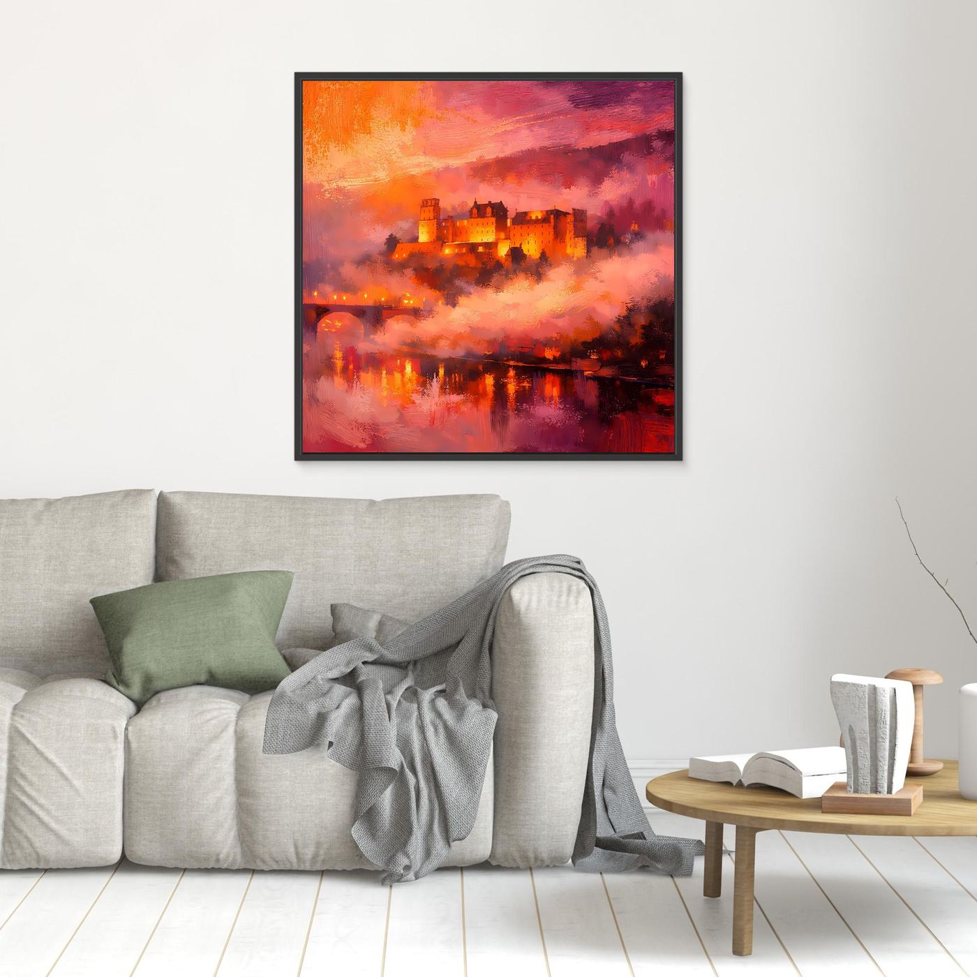 Premium Leinwand Imposantes Schloss im Abendrot | Abstraktes Castle Wandbild in feurigen Farben