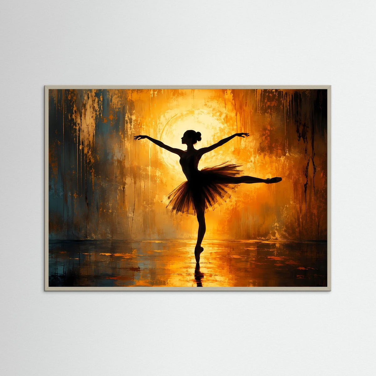 Ballett-Wandbild mit hellem Holzrahmen: schwarze Ballerina-Silhouette im gold-orangen Farblook