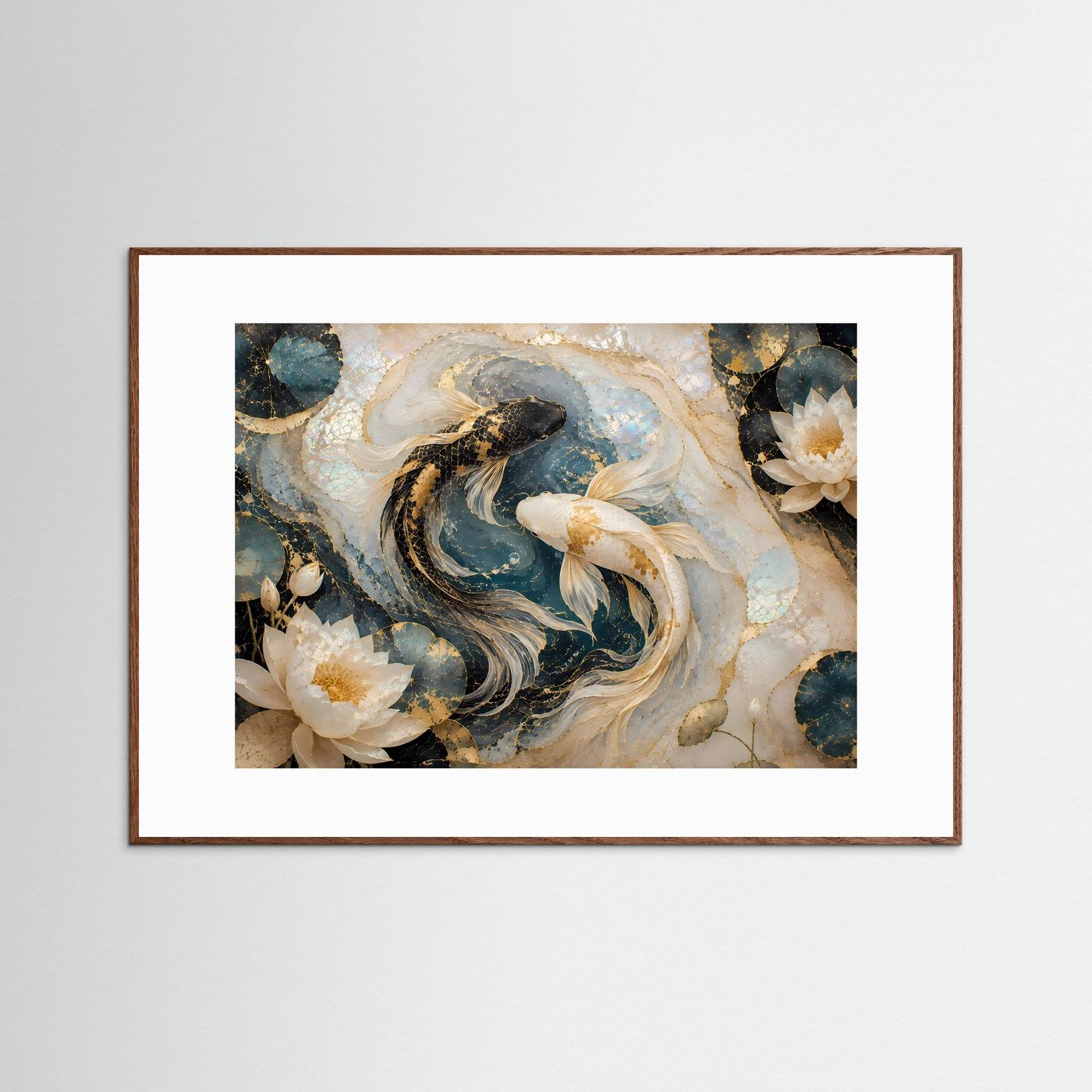 Japanisches Kunstposter mit Koi-Fischen und Lotusblüten, braun gerahmt, Querformat