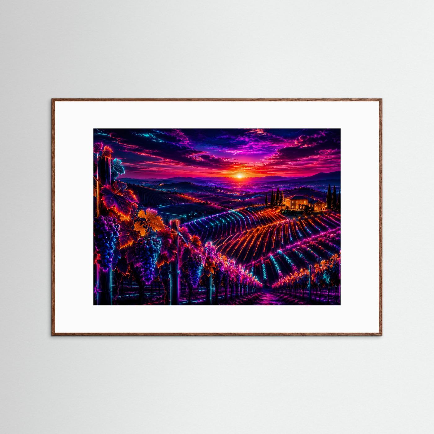 Weinberg Poster Neon | Toskana Sonnenuntergang Wandbild | Weinreben Landschaft | Leuchtende Fine Art | Moderne Wall Art