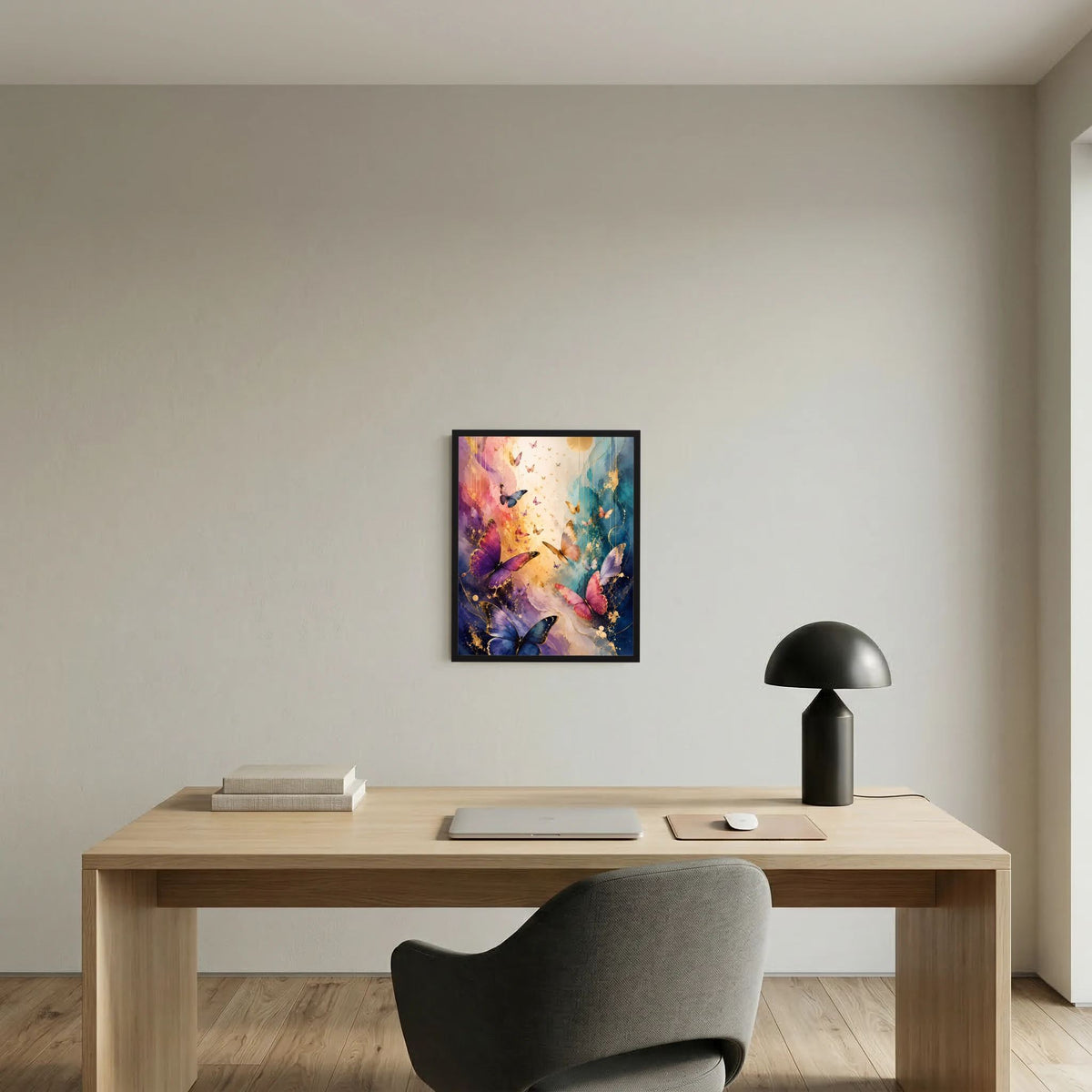 Gerahmtes Poster in Hochformat-Ansicht mit bunten Schmetterlingen in Blau, Rosa und Gold.