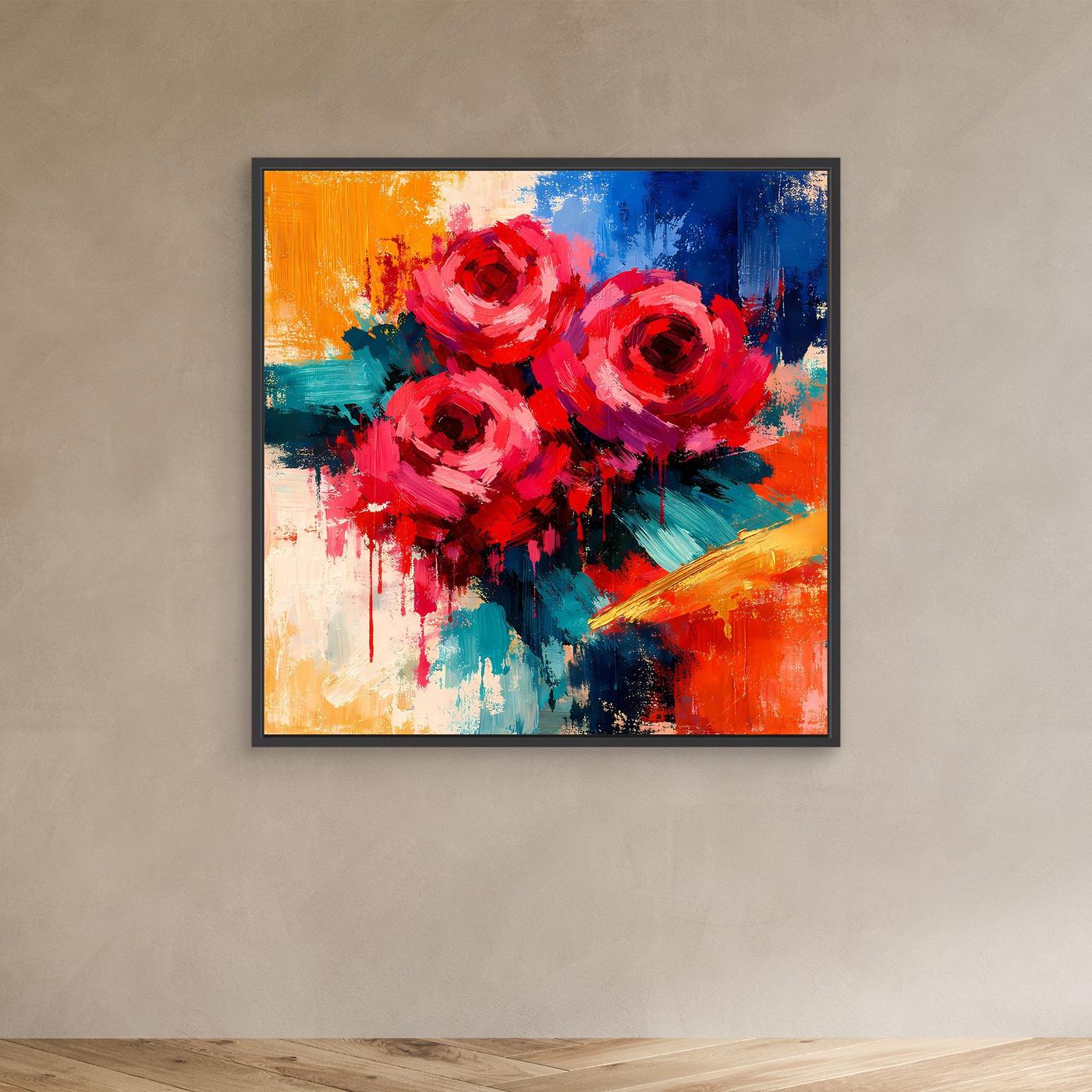 Abstraktes Leinwand-Wandbild mit roten Rosen, Pinselstriche, quadratisch, schwarzer Rahmen