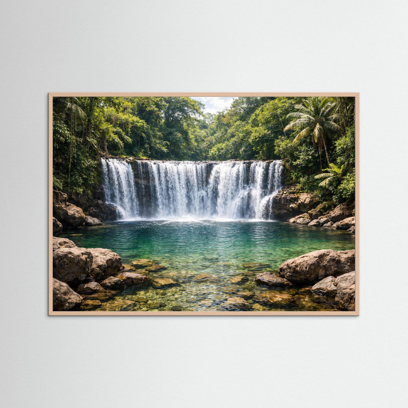 Querformat-Poster mit Dschungel-Wasserfall und Naturbecken, roséfarbener Holzrahmen