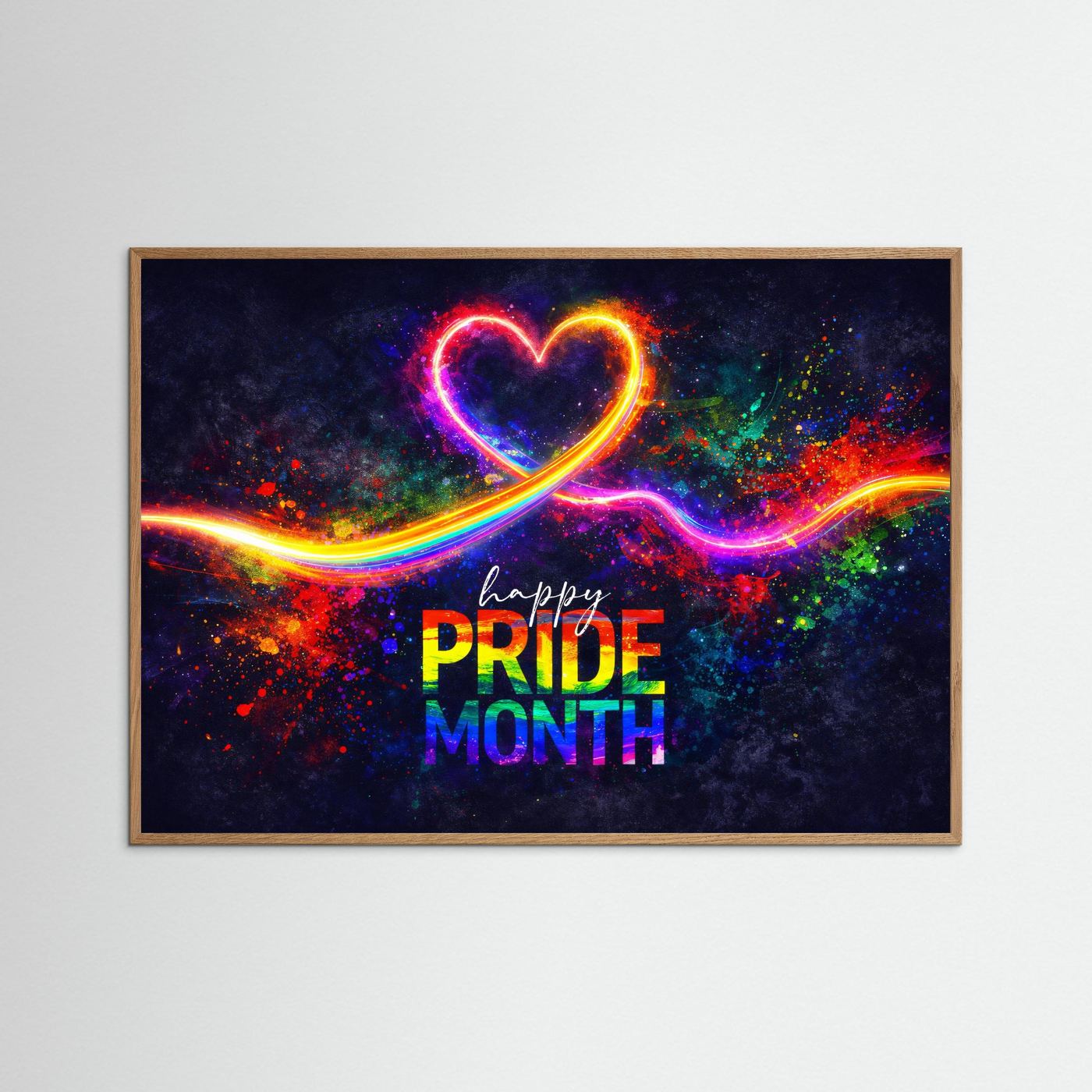Wandbild „Happy Pride Month“ mit Regenbogen-Herz und Farbwellengrafik, brauner Holzrahmen