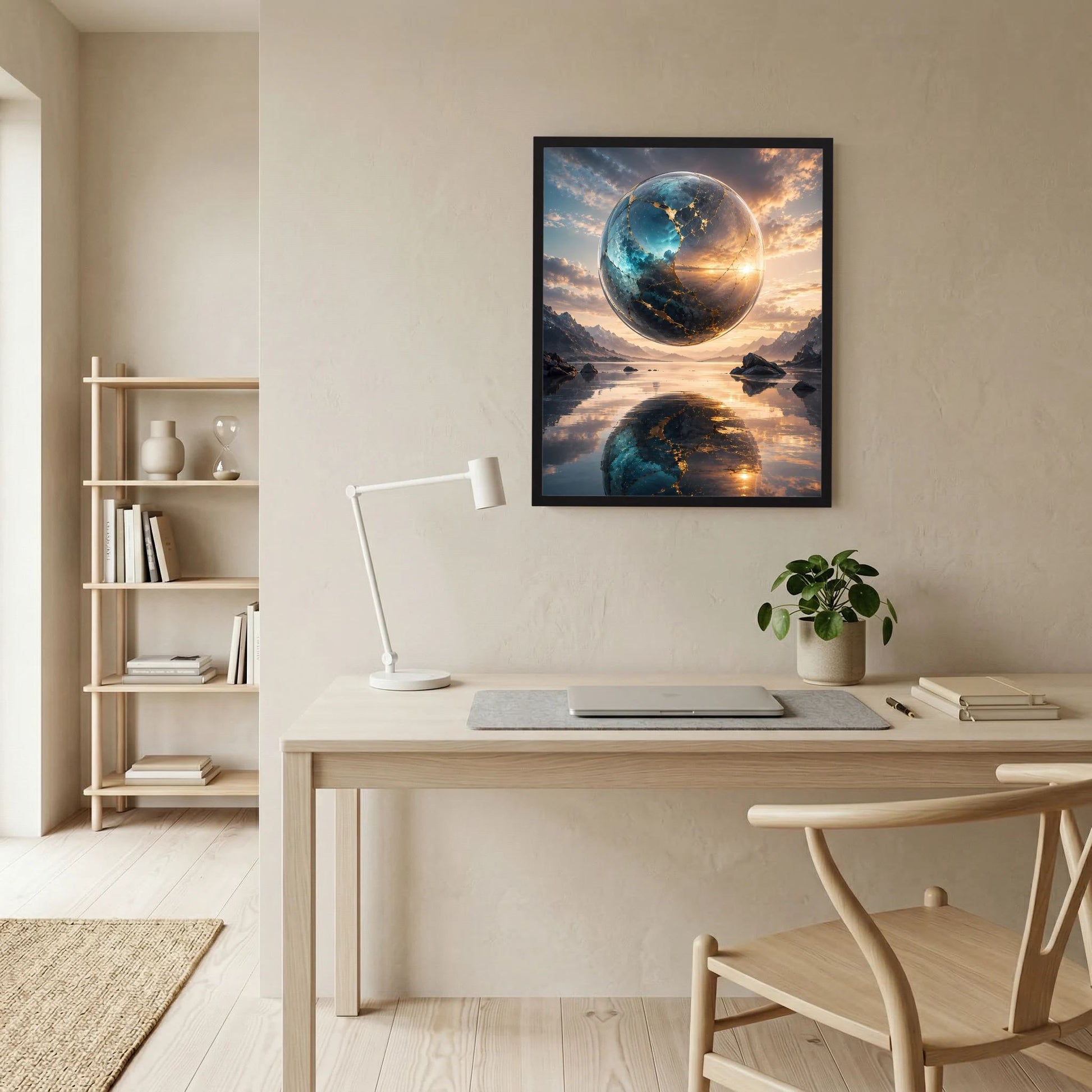 Schwarz gerahmtes Hochformat-Poster mit schwebender Erdkugel in Blau und Gold