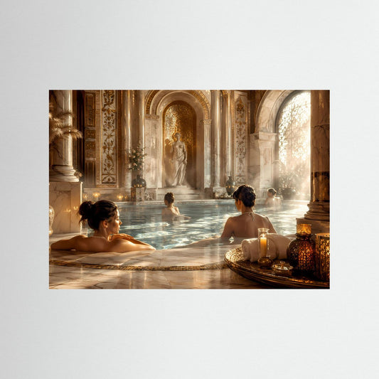 Wellnessposter mit Spa-Szene im Marmortempel, ohne Rahmen
