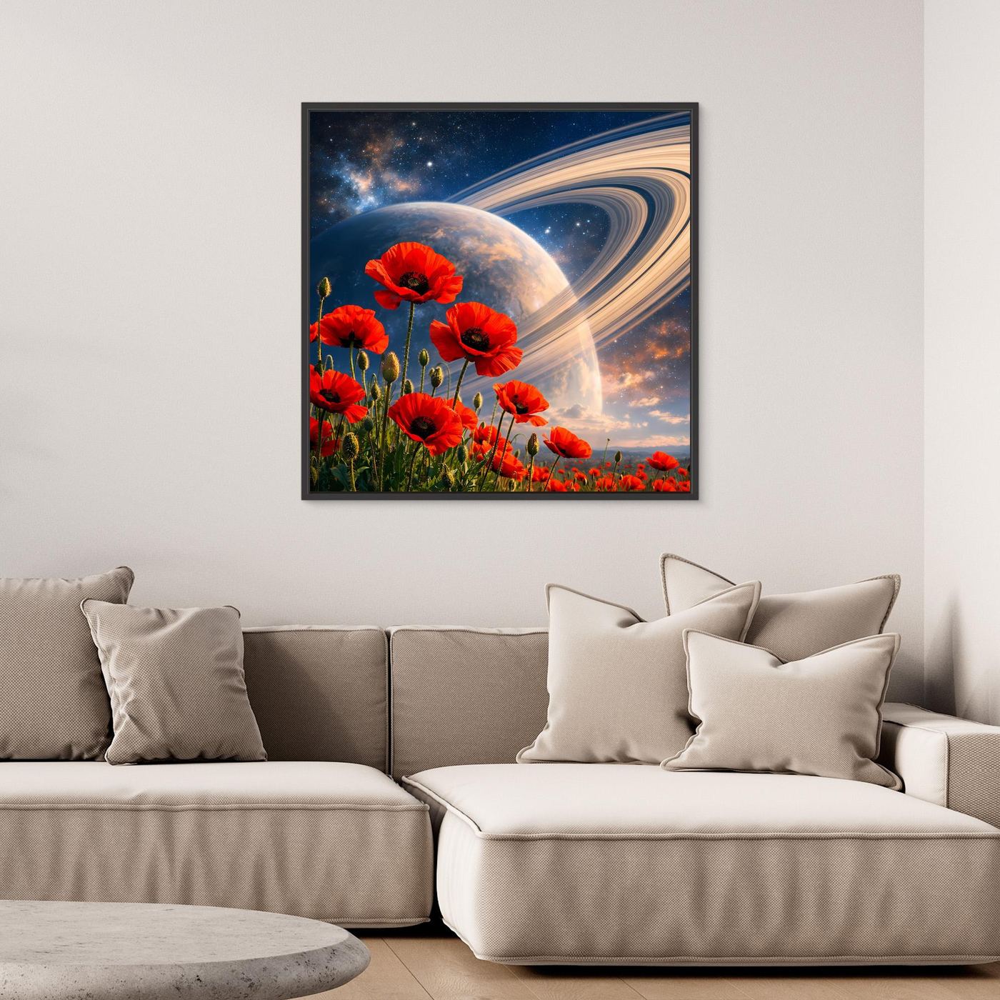 Leinwandbild mit roten Mohnblumen und großem Planeten mit umlaufenden Lichtschleifen