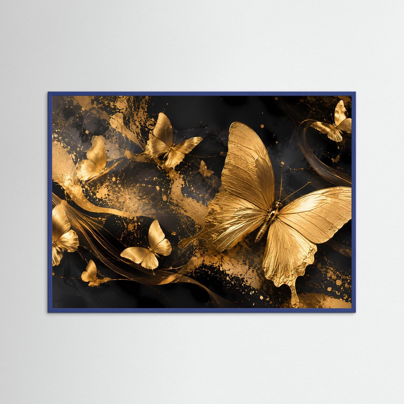 Schmetterlingsposter mit blauem Rahmen, goldene Schmetterlinge auf dunklem Motiv