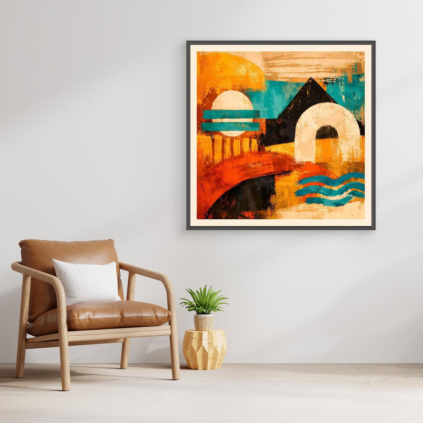 Abstraktes Leinwandbild mit buntem Gesicht, schwarzer Rahmen, orange, türkis und schwarz.