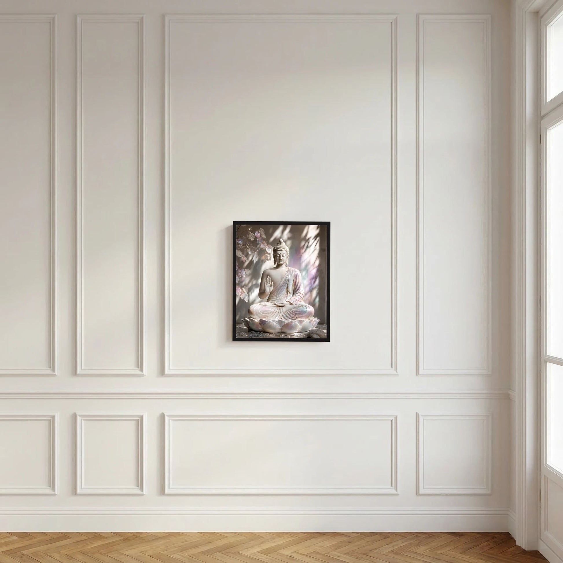 Gerahmter Kunstdruck mit Buddha auf Lotus in Creme-Rosa-Pastell, Hochformat