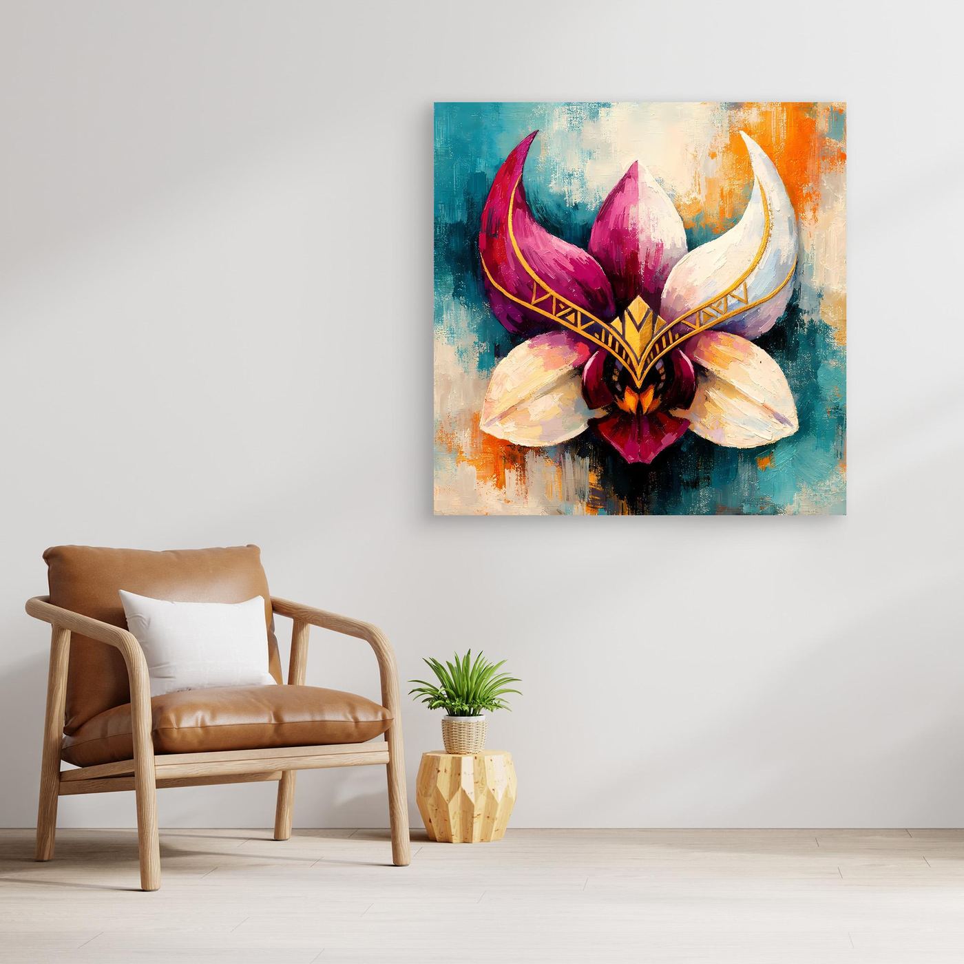 Premium Leinwand Mystische Orchideen-Maske in Gold | Abstraktes Florales Wandbild im Fantasy-Stil