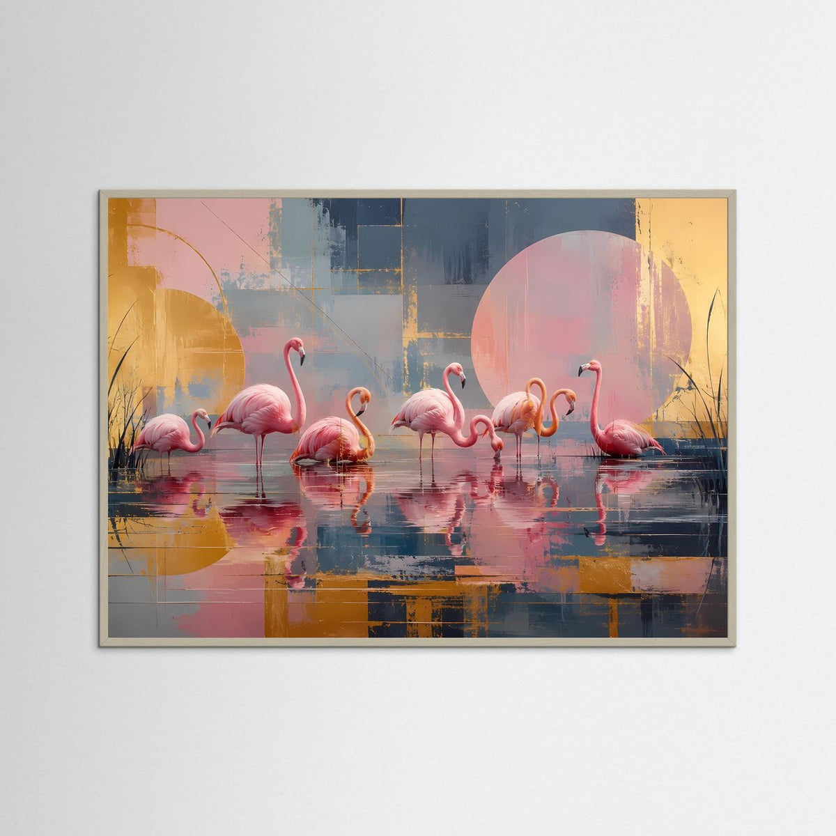 Wandposter mit rosafarbenen Flamingos auf abstraktem See, brauner Rahmen mit goldfarbener Optik