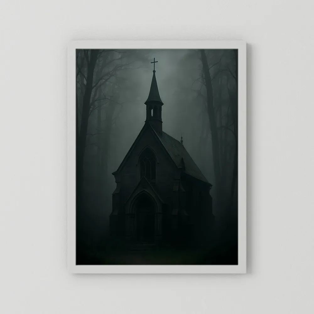 Gerahmtes Poster mit dunkler gotischer Kapelle im Nebel, weiße Umrandung, Hochformat