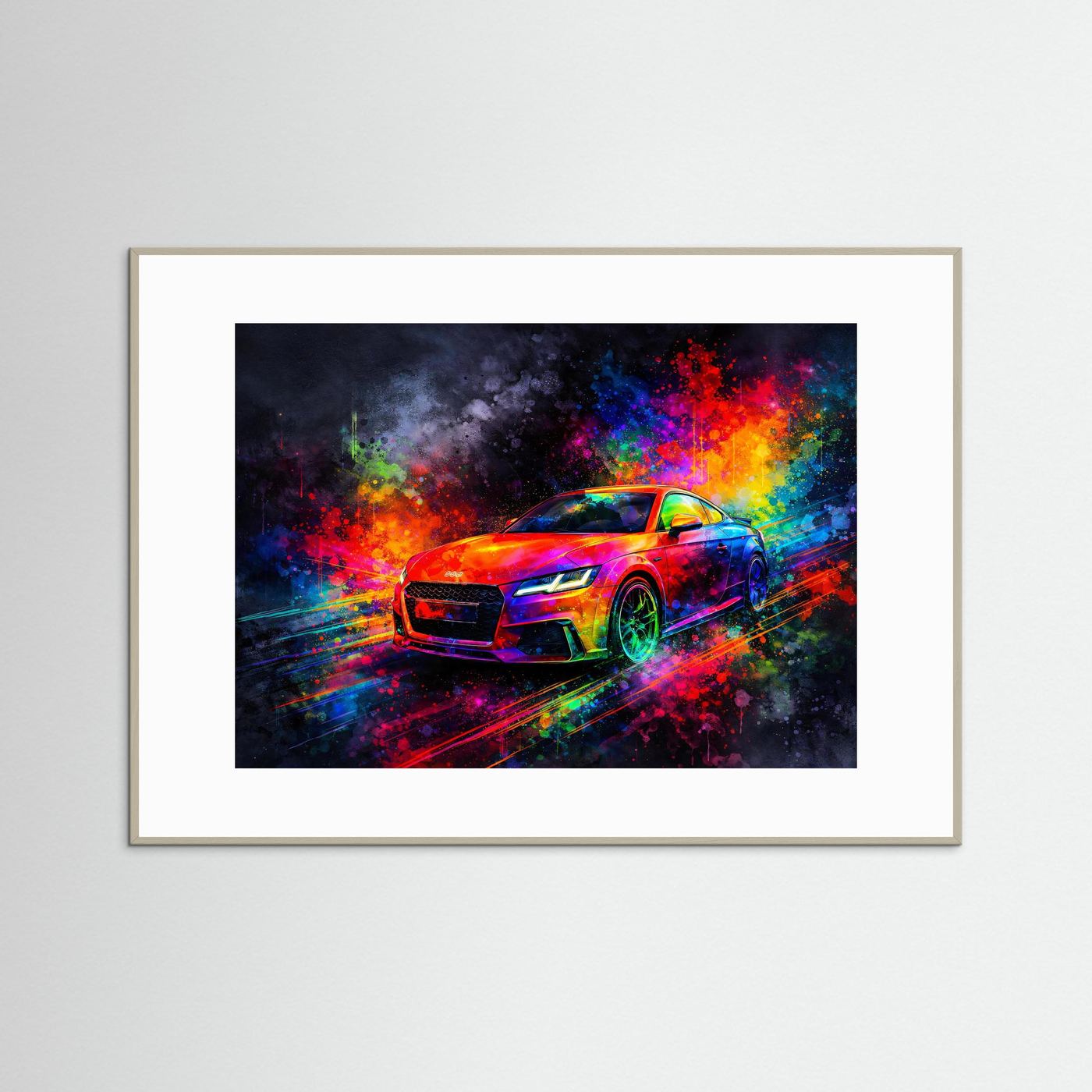 Explosiver Modern Sportwagen | Buntes Neon Auto Wandbild & Kunst Poster Querformat