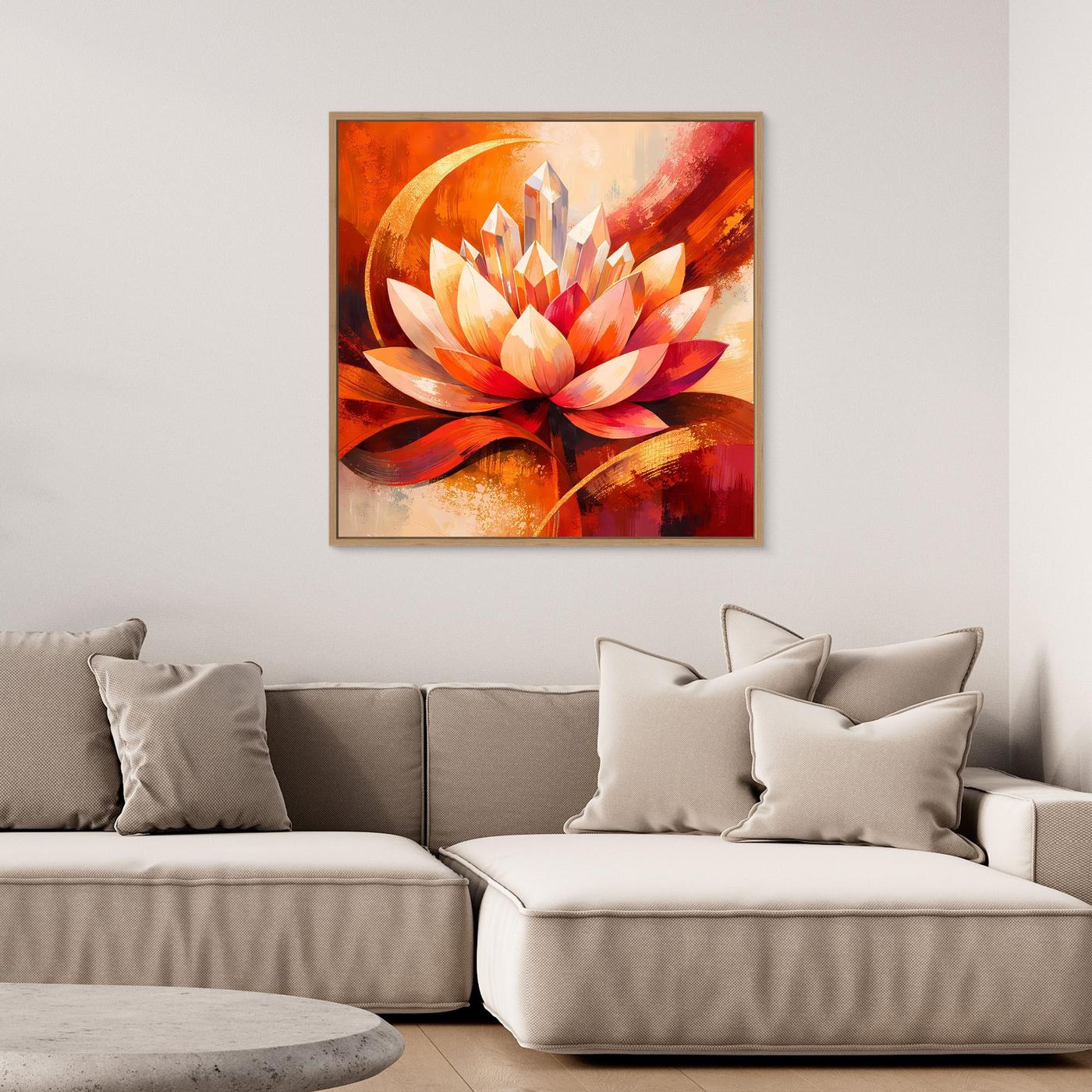 Gerahmtes Leinwandbild mit abstrakter Lotusblüte in Orange-Rot-Tönen und funkelnden Formen