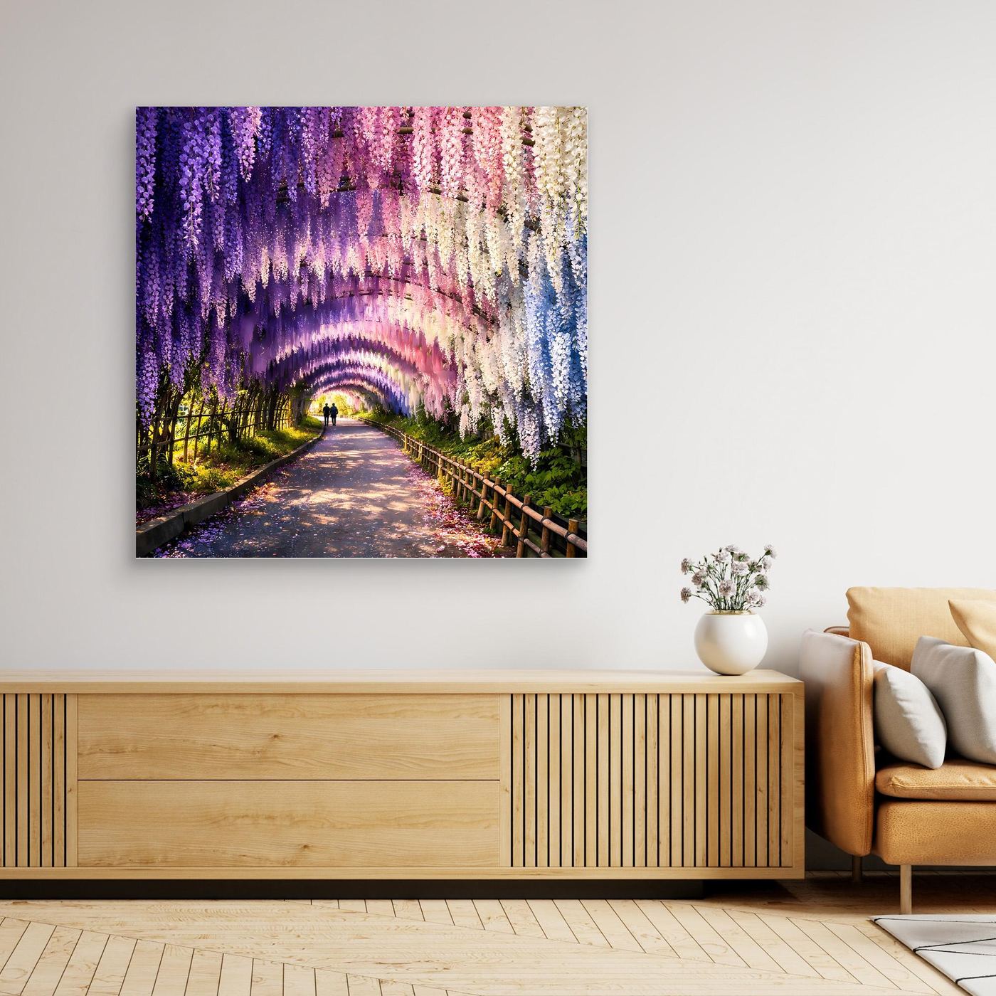 Leinwandbild mit Glyzinien-Tunnel in Lila und Rosa, rechteckig, beleuchteter Pfad