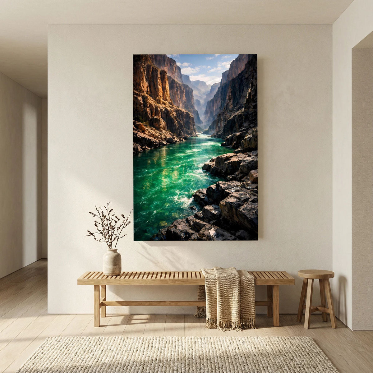 Hochformatiges Wandposter mit türkisgrünem Fluss durch ein Canyon mit Felswänden