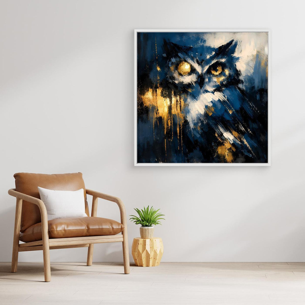 Leinwand-Wandbild mit abstrakter Eule in Blau und Gold, weißer Rahmen