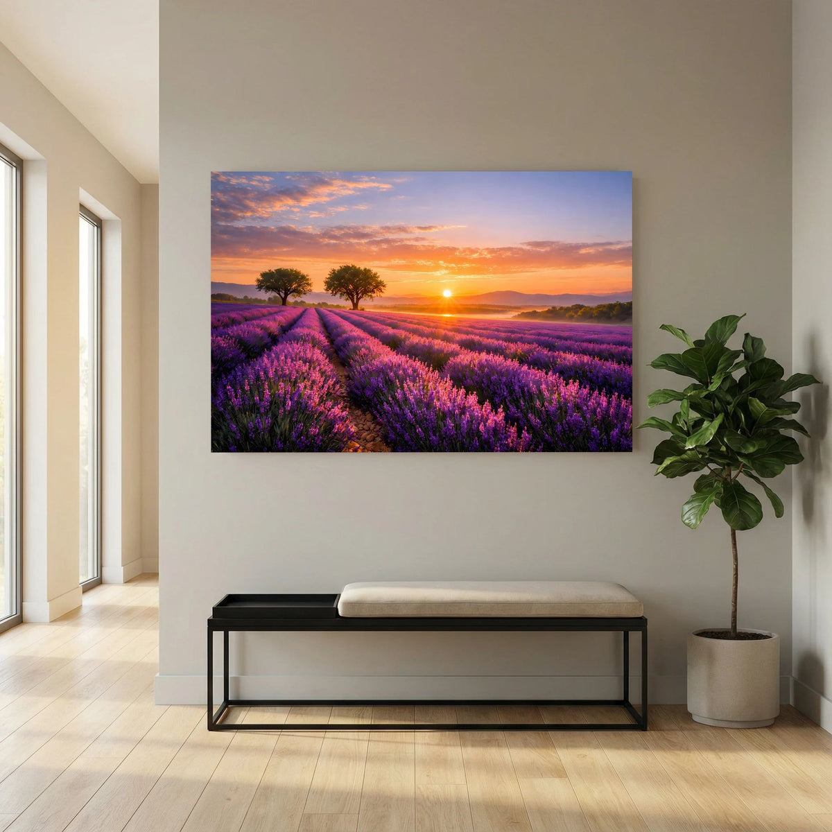 Lavendelfeld-Wandbild im Querformat mit Sonnenuntergang, violetten Feldern und zwei Bäumen