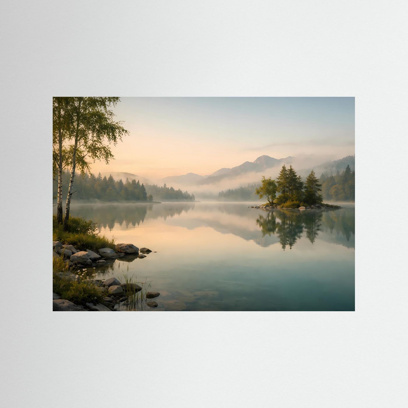 Nebliger Morgen am Bergsee | Idylle & Natur Poster Querformat