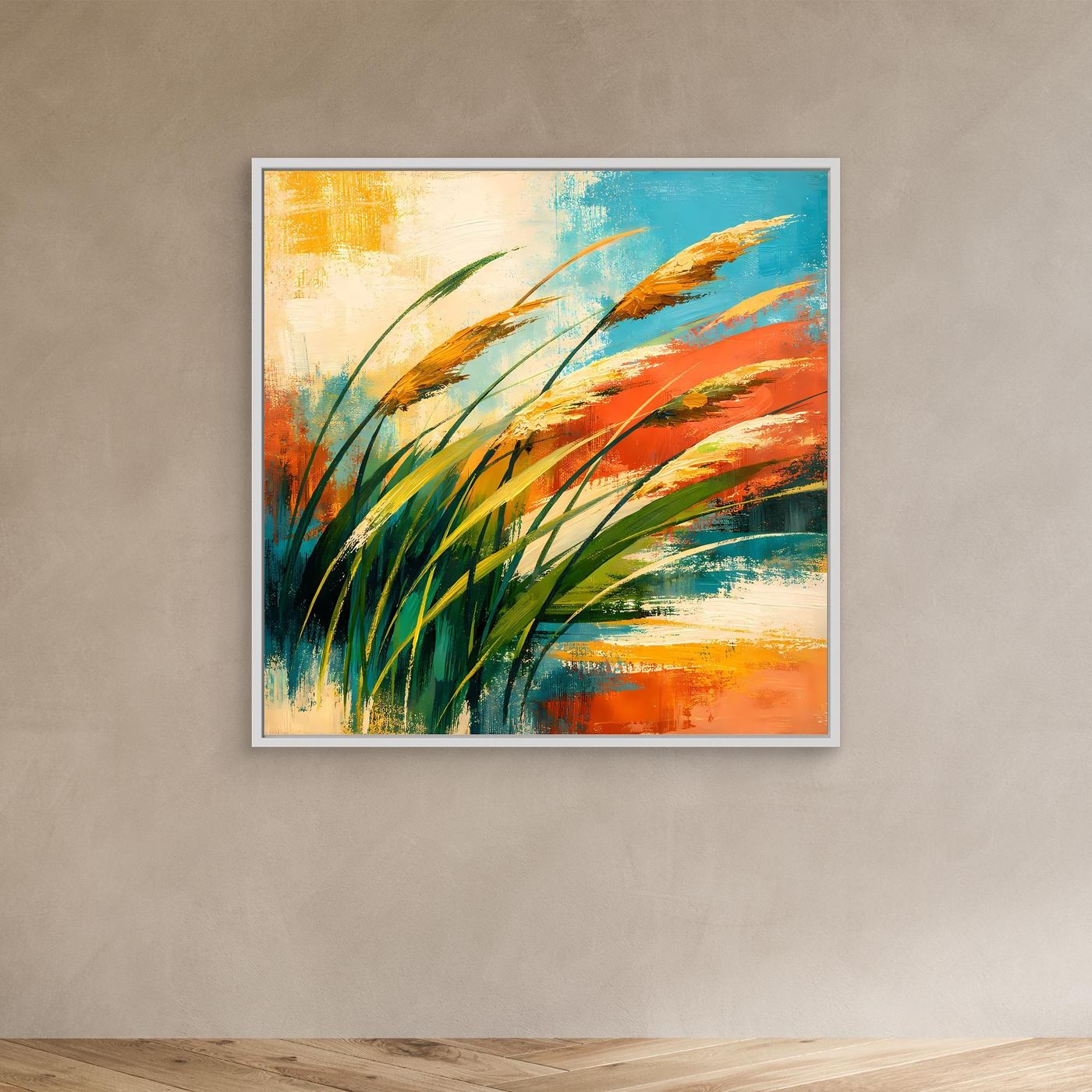 Kleines Leinwandbild mit abstrakten Gräsern (Grün, Orange, Blau) im weißen Rahmen
