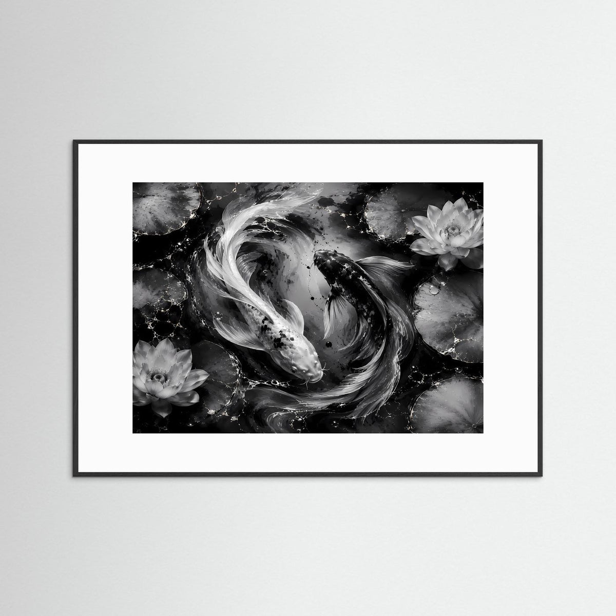 Wandbild mit weißem Passepartout und schwarzem Rahmen: Schwarzweiß-Koi-Fische
