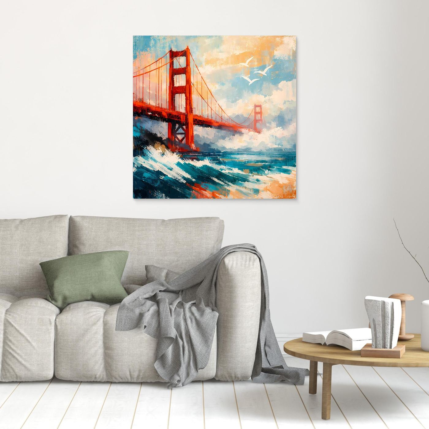 Kleines Wandbild Golden Gate Bridge in Rot, blau-türkiser Pinselauftrag, hellbraun gerahmt
