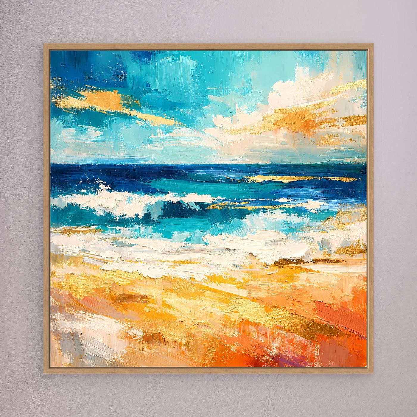 Leinwandbild abstraktes Strandmeer mit Eichenrahmen, Blau-, Grün- und Orangetöne