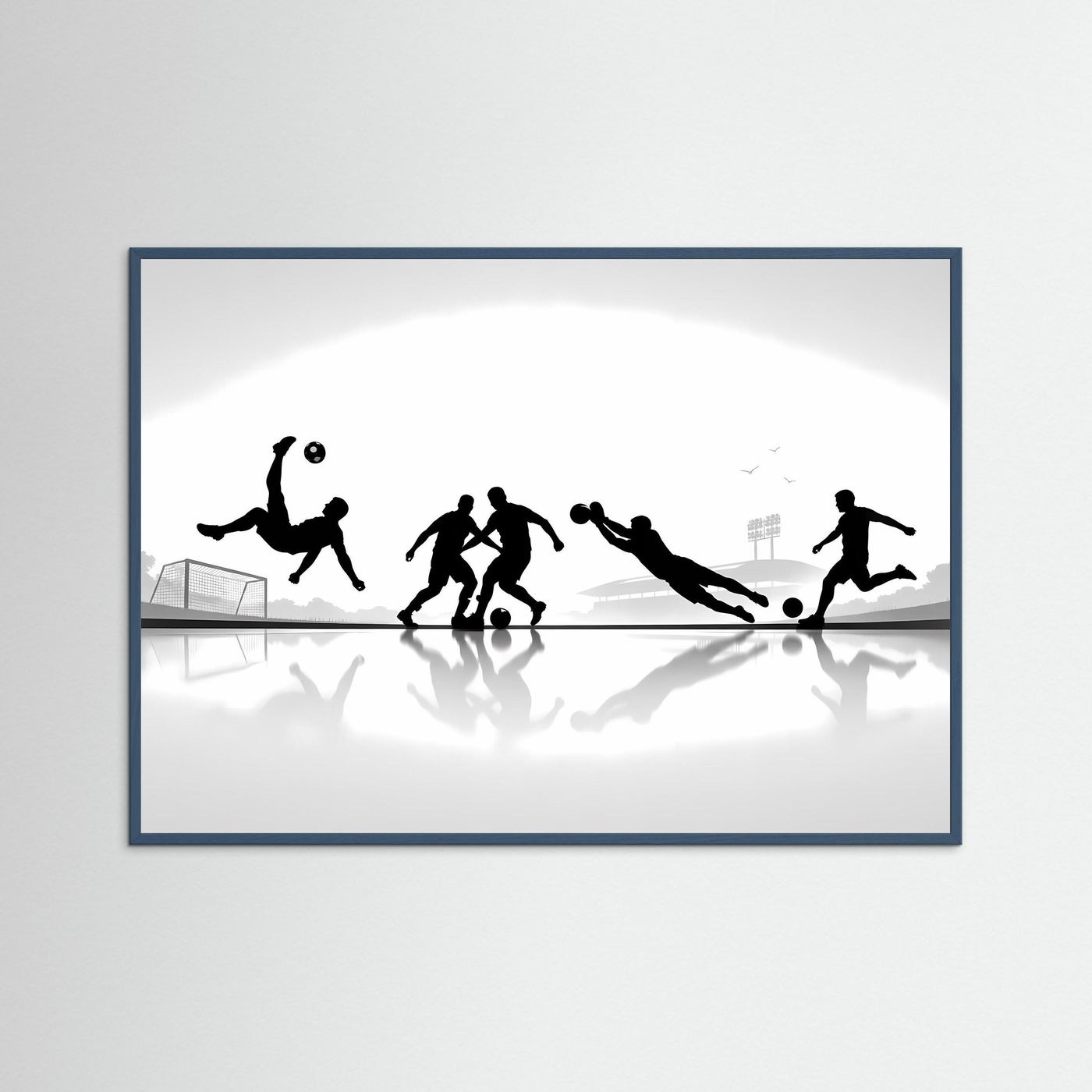 Fußball-Poster im blauen Rahmen mit schwarzweißen Spieler-Silhouetten, Querformat
