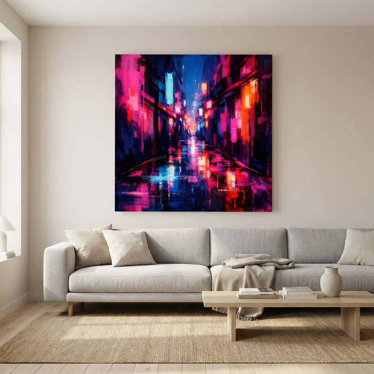Neon-Wandbild über Couch: Cyberpunk-Regenstraße mit Neonreflexen in Pink, Blau und Rot