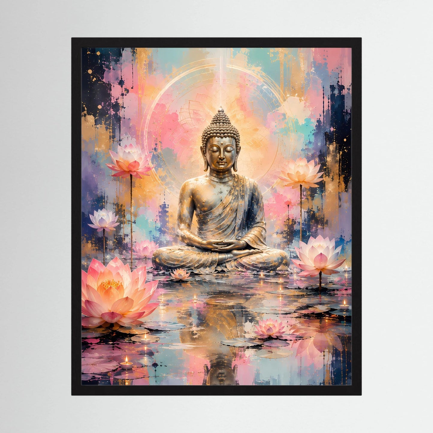 Gerahmtes Poster mit meditierendem Buddha und Lotusblüten, Pastellfarben, schwarzer Rahmen