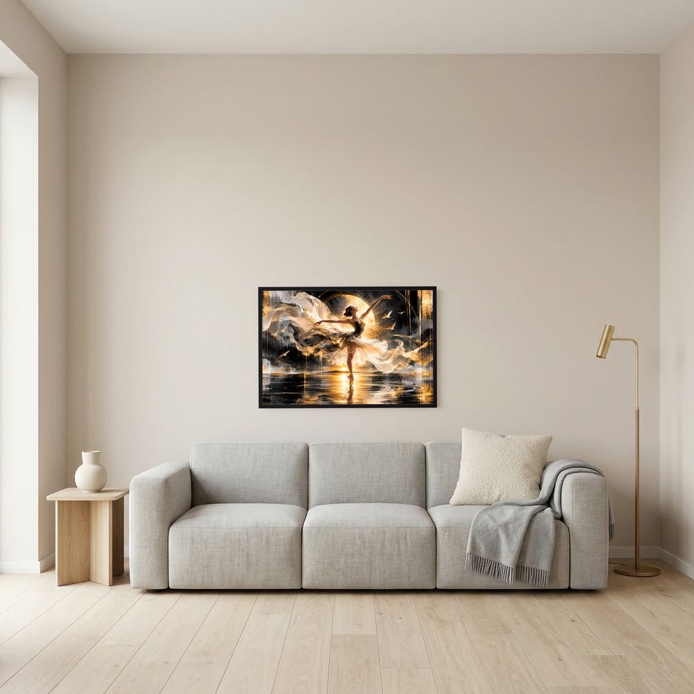 Wandposter im Querformat mit gold-schwarzer Ballerina, Lichtkreis und Spiegelung, schwarzer Rahmen