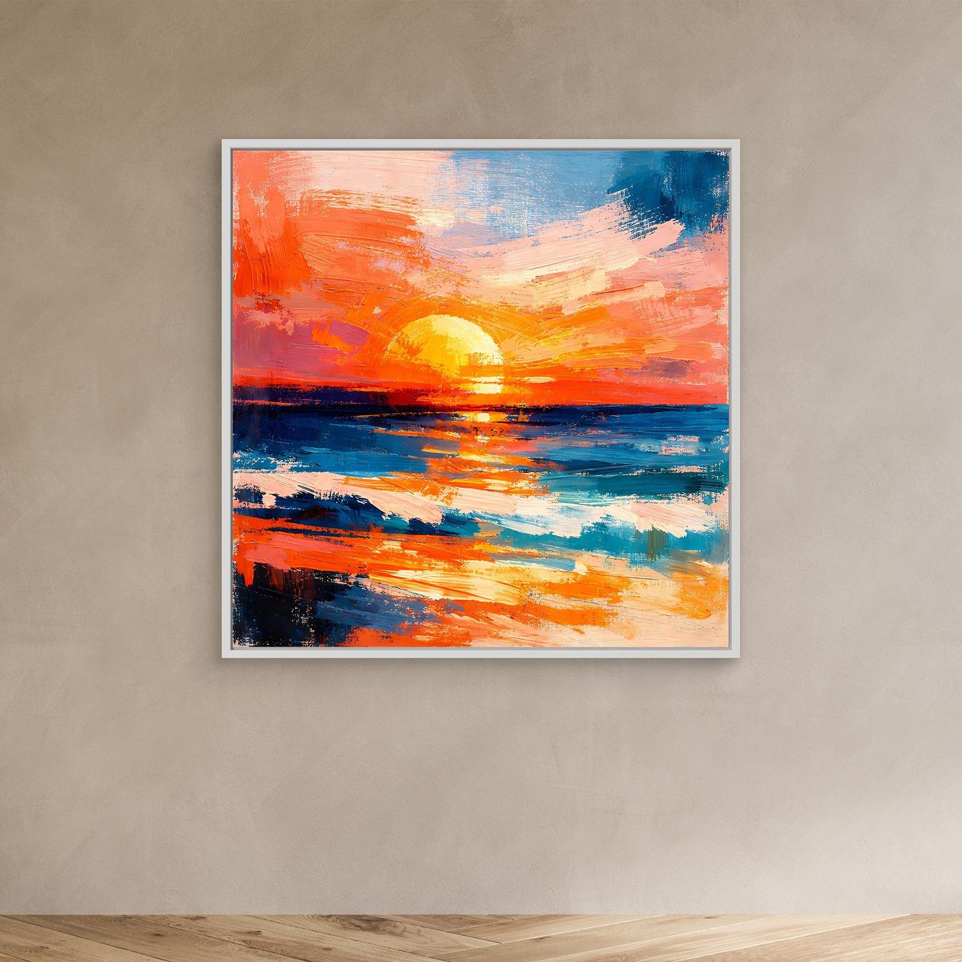 Abstract ocean sunset canvas wall art with silver frame