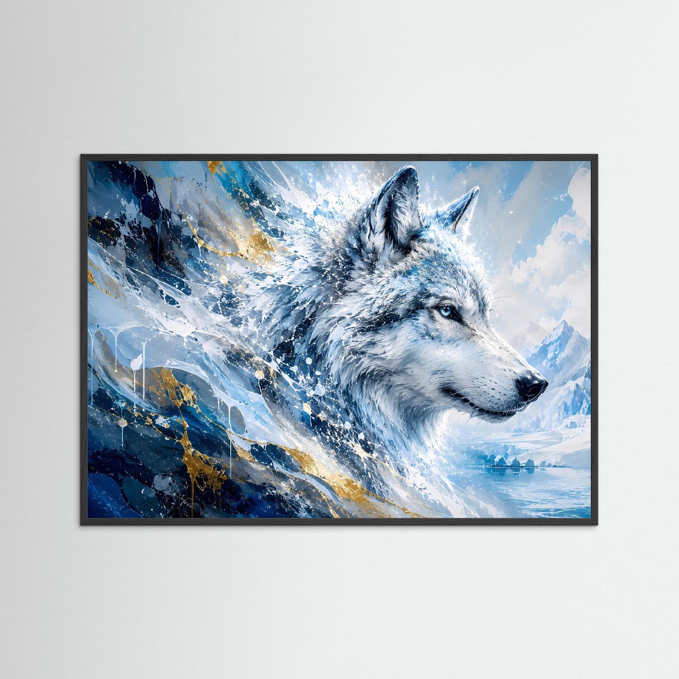 Schneewolf Poster Querformat | Eiswolf Wandbild Modern | Wolf Kunst in Blau Weiß mit Goldakzenten