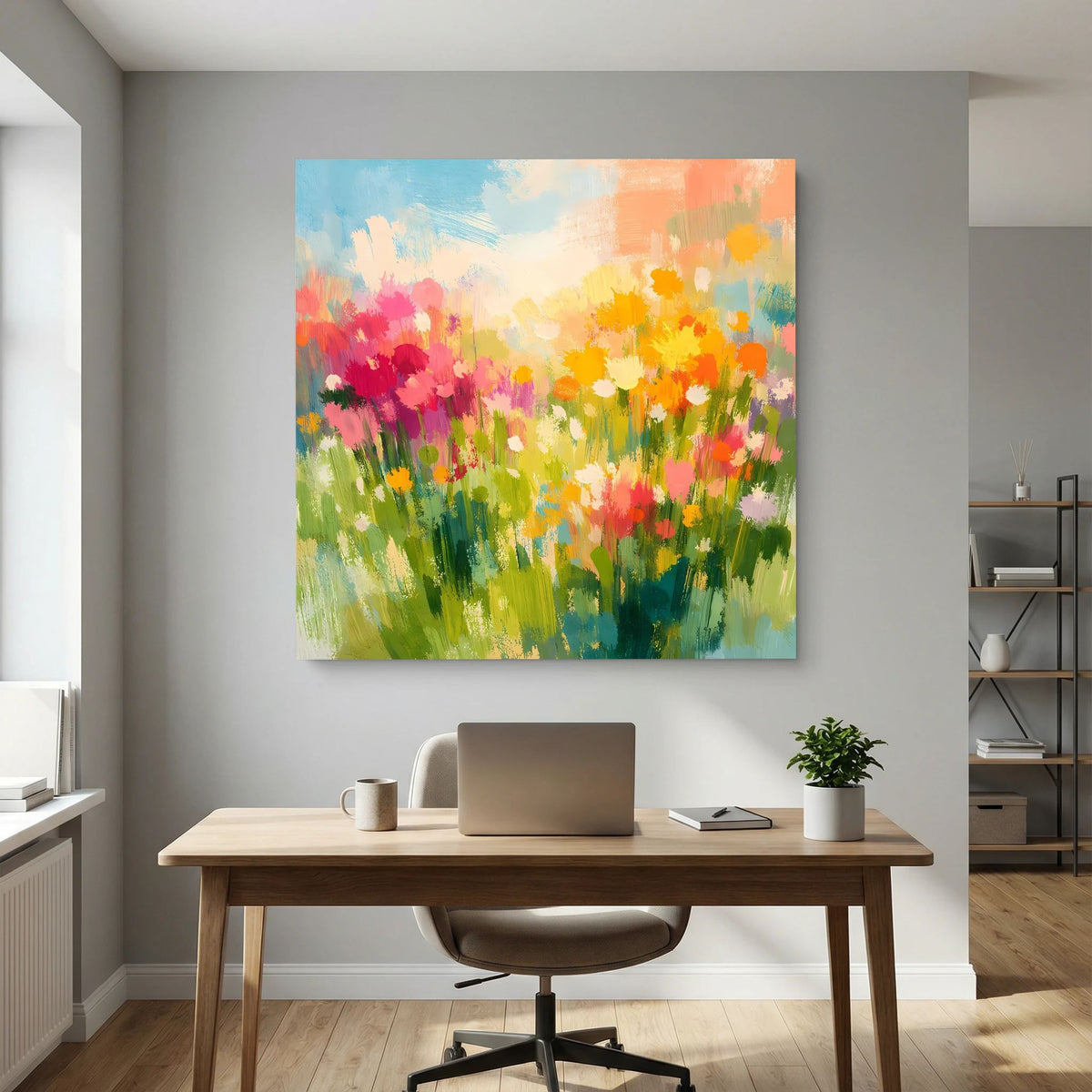 Leinwandbild mit abstrakten Wildblumen über Tisch, quadratisch, heller Holzrahmen