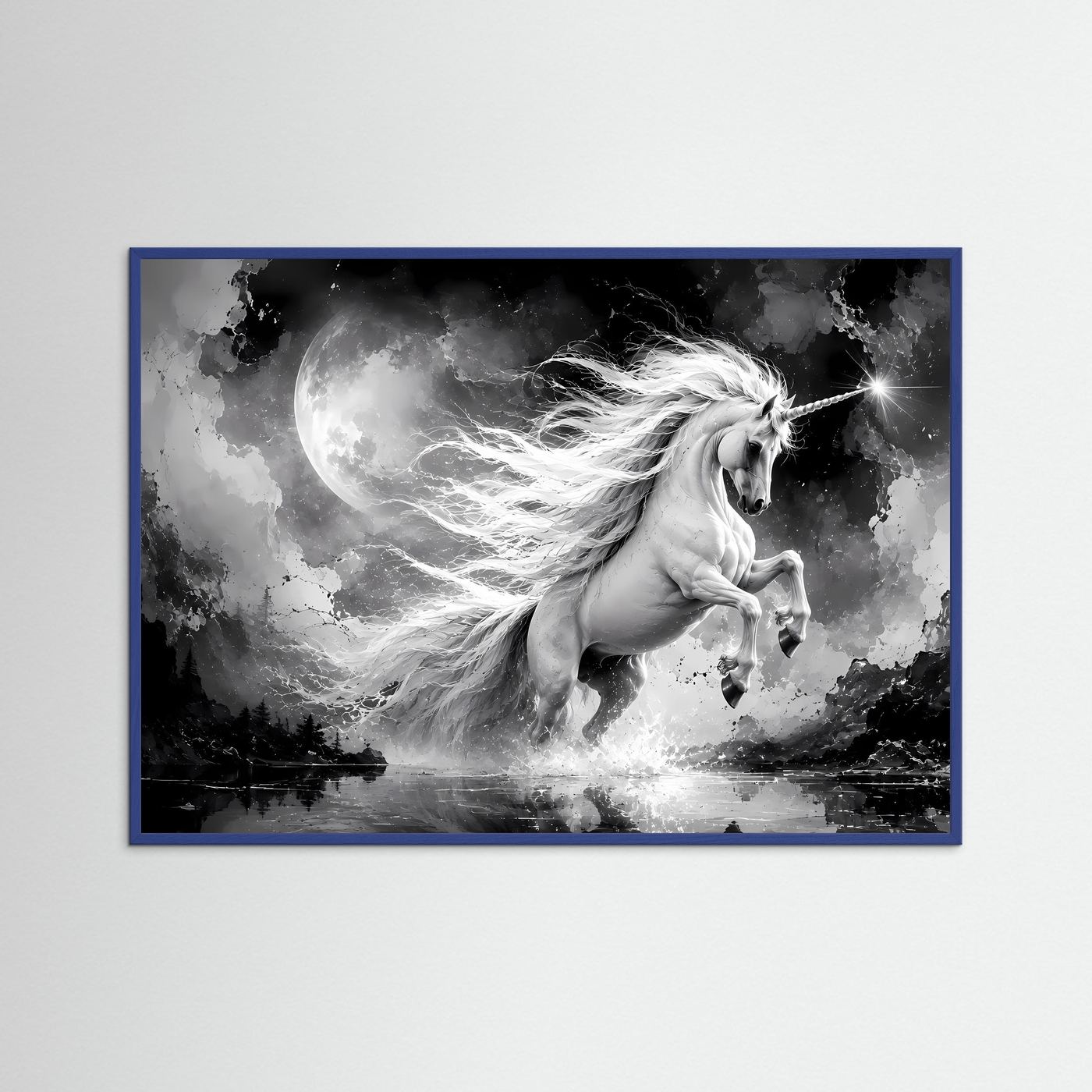 Wandkunst Einhorn im Mondlicht mit blauem Rahmen, schwarzweiße Fantasy-Darstellung