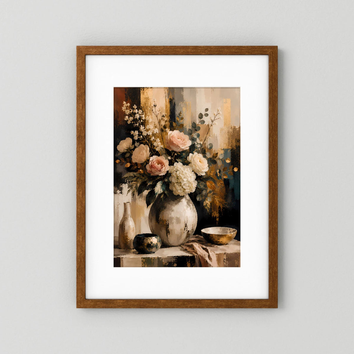 Hochformatiges Blumenstillleben-Poster mit Rosen und Hortensien im braunen Holzrahmen